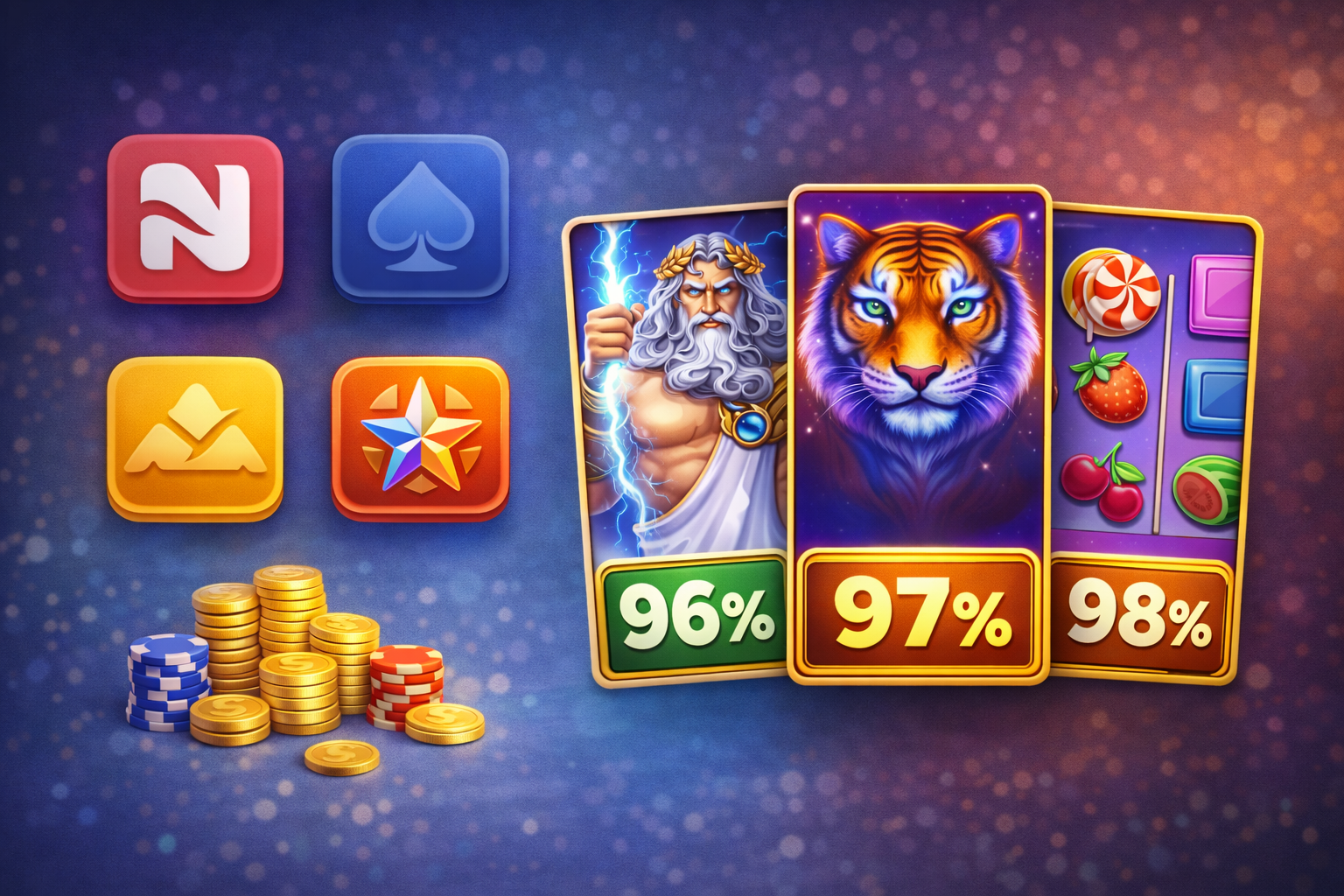 Умовні іконки провайдерів слотів із високим RTP від 96 до 98 відсотків