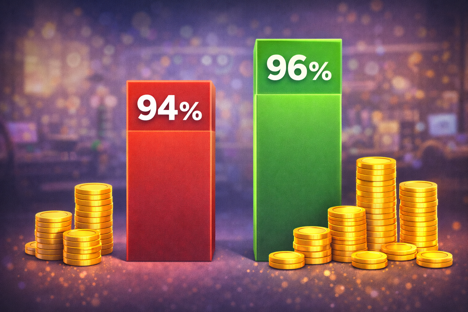 Стовпчики що показують різницю між RTP 94 відсотки та 96 відсотків у виграшах гравця